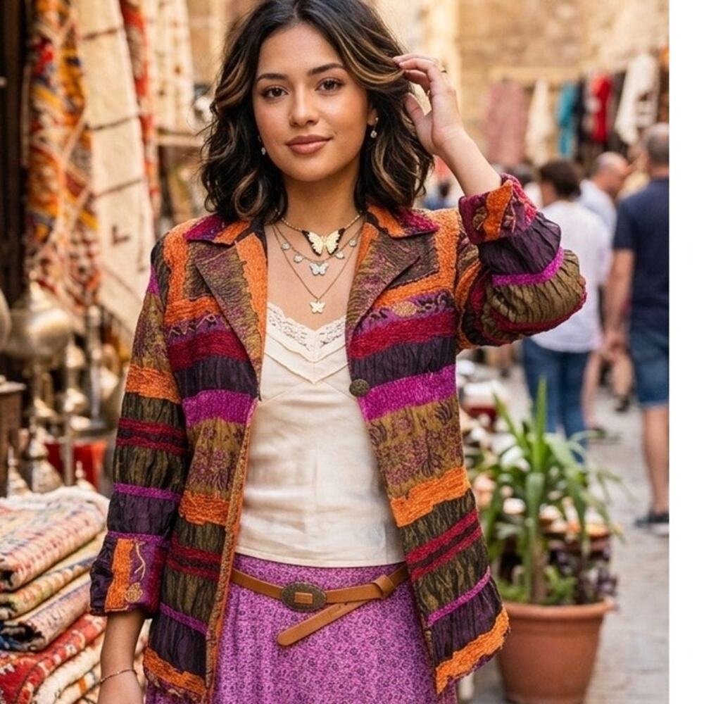 Vintage Multicolor Boho Patchwork and Chenille 3/4 length sleeve jacket
